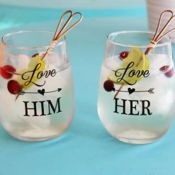 BarProducts.com Love Him, Love Her Stemless Wine Glass Set BAR SUPPLIES