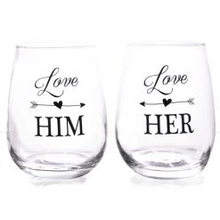 BarProducts.com Love Him, Love Her Stemless Wine Glass Set BAR SUPPLIES
