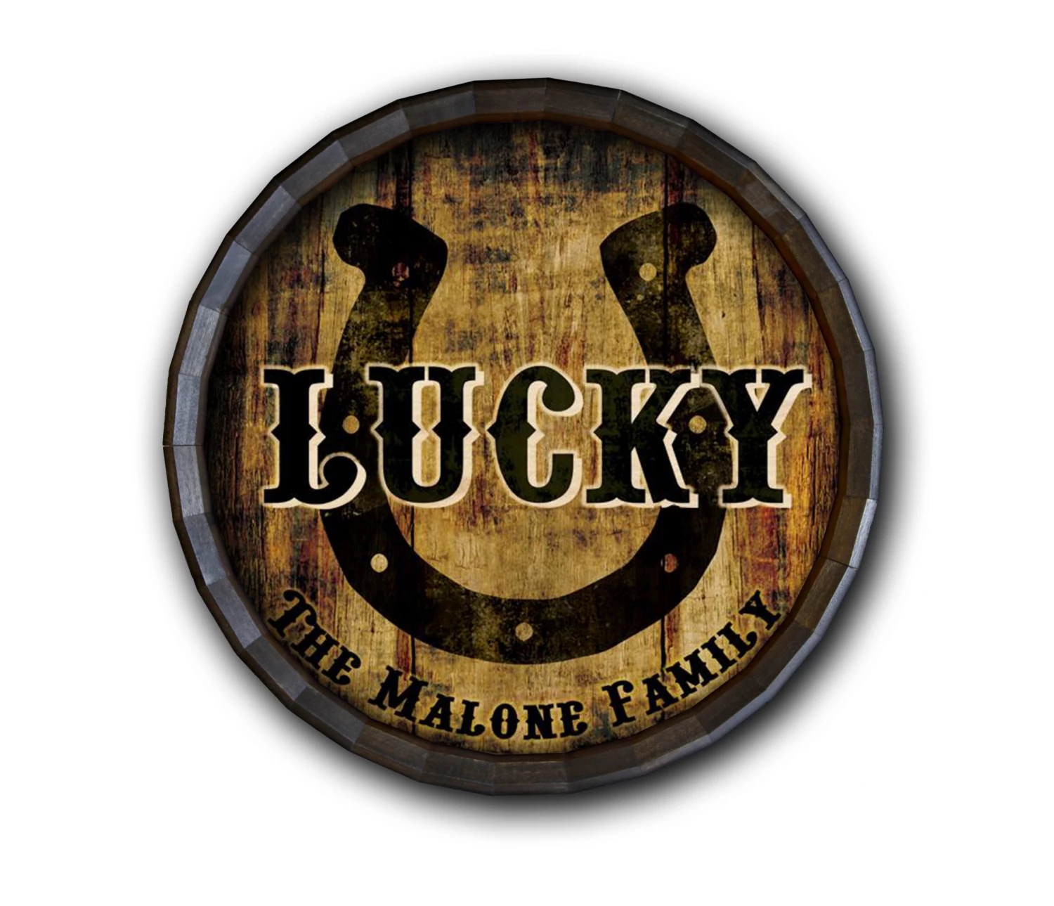 lucky-family-name-barrel-top.jpg BarProducts.com Custom Wood Barrel Top Sign – Lucky Horseshoe BAR DECOR