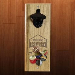 BarProducts Handcrafted Woodshop Made In The USA Engraved Brewery Wooden Wall Bottle Opener W/ Magnetic Cap Catcher