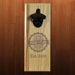 BarProducts Handcrafted Engraved Irish Pub Wooden Wall Bottle Opener W/ Magnetic Cap Catcher Woodshop Made In The USA