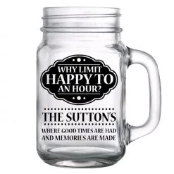 BarProducts.com CUSTOMIZABLE - 16oz Mason Jar With Handle - Happy Hour