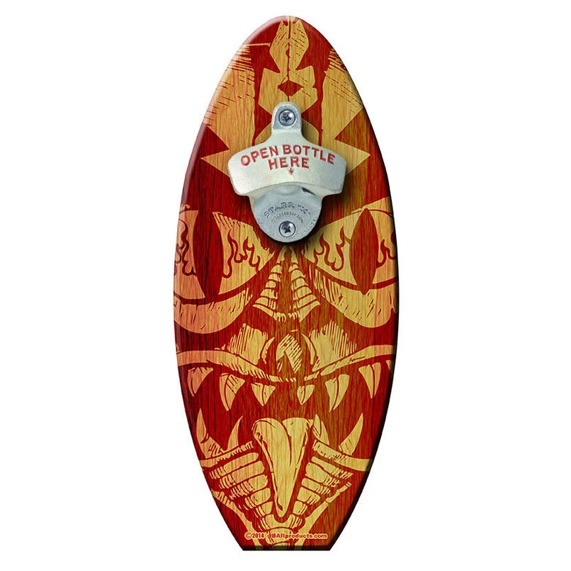 mean-tiki-surfboard-opener1-web-nc.jpg BarProducts Handcrafted Woodshop Made In The USA Mean Tiki - Wooden Surfboard Wall Mounted Bottle Opener