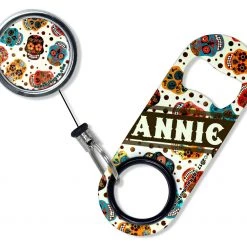 BarProducts.com CUSTOMIZABLE Mini Bottle Opener With Retractable Reel - Mexican Skulls Bartending Bottle Openers