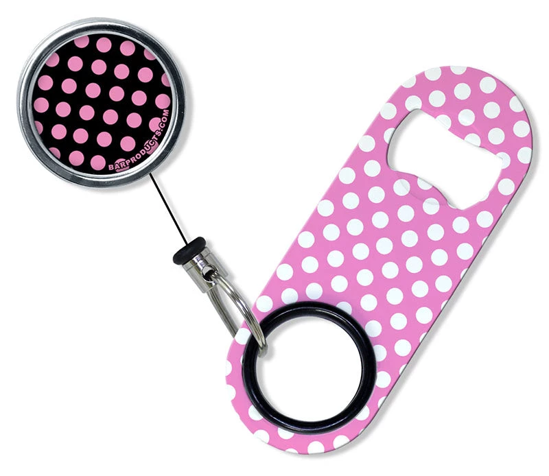 mini-bottle-opener-pink-polka-dot-web.jpg BarProducts.com Bartending Bottle Openers Kolorcoat™ Mini Opener With Retractable Reel - Polka Dots