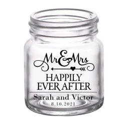 BarProducts.com CUSTOMIZABLE - 2oz Clear Mini Mason Jar Shot Glass - Mr. And Mrs. Happily