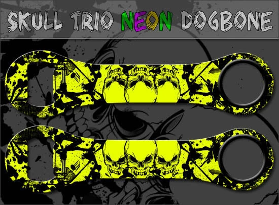 neon-skulls3a-dogbone-opener-y_1.jpg BarProducts.com Bartending Bottle Openers Neon Yellow Skull Trio Dog Bone Opener