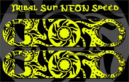 neon-sun-ye-label.jpg BarProducts.com Speed Bottle Opener / Bar Key - Neon Tribal Sun - Color Options Bartending Bottle Openers