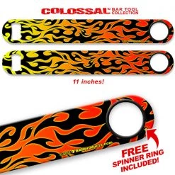BarProducts.com Kolorcoat™ 11" Long COLOSSAL™ Speed Bottle Opener – Flames – Orange / Black