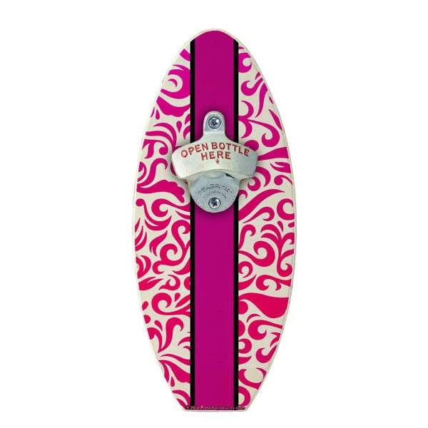 pink-swirls-surf-board-bottle-opener-nc_1.jpg BarProducts Handcrafted Woodshop Made In The USA Swirls Wooden Surfboard Wall Mounted Bottle Opener