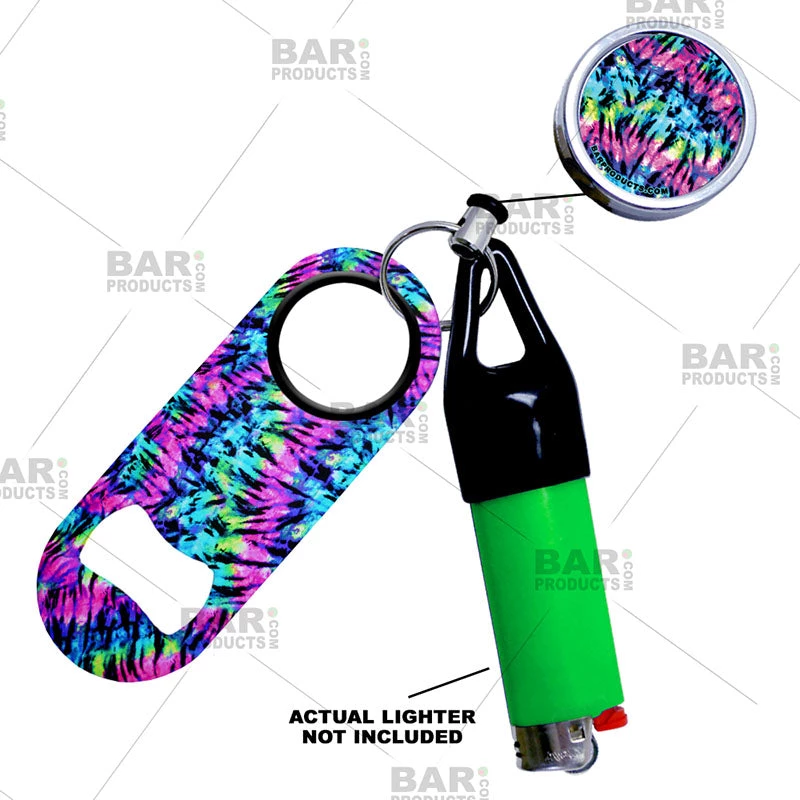 reel-ll-mini-web-tie-dye-web-bpc800.jpg BarProducts.com Kolorcoat™ Mini Opener, Reel And Lighter Leash® Clug SET - Tie Dye Bartending Bottle Openers