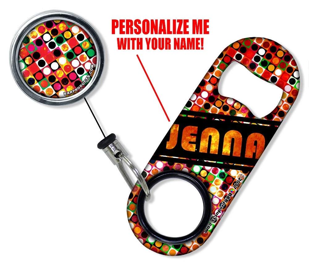 retro-polka-reel-opener-set-1.jpg BarProducts.com CUSTOMIZABLE Mini Bottle Opener With Retractable Reel - Grungy Retro Dots