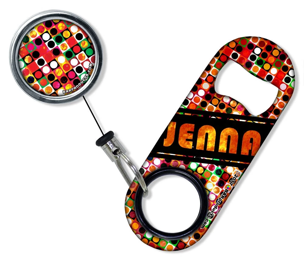 retro-polka-reel-opener-set.jpg BarProducts.com CUSTOMIZABLE Mini Bottle Opener With Retractable Reel - Grungy Retro Dots