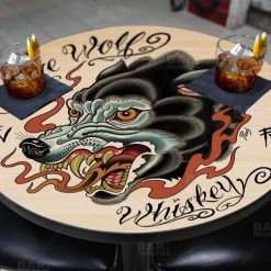 BarProducts.com Featured Artists Fire Wolf Whiskey Round Wooden Table Top - Two Sizes Available