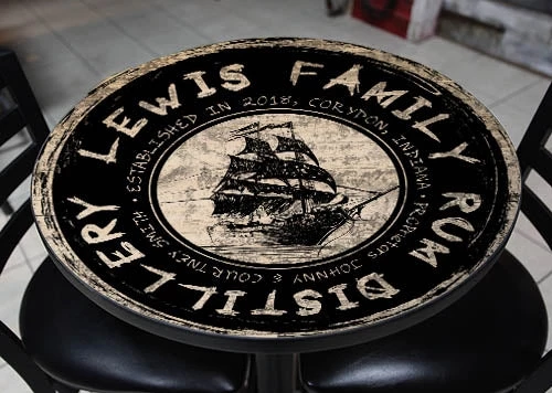 rum-disitillery-table-top-main.jpg BarProducts.com BAR DECOR CUSTOMIZABLE Wooden Table Top - Rum Distillery Design - Two Sizes Available