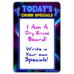 BarProducts.com BAR DECOR Today's Drink Specials - Dry Erase Metal Bar Signs - Neon Themed