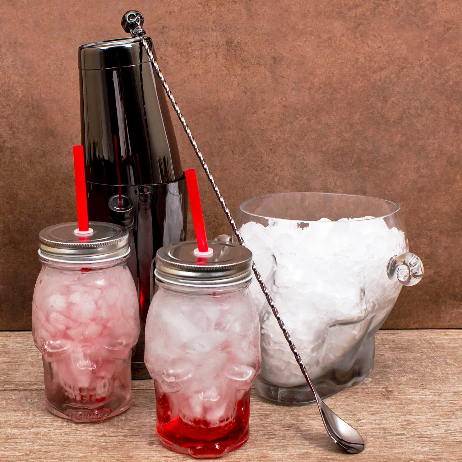 skull-set-scene1_0918aad0-4d2d-427a-8f2b-68e6c26dca6d.jpg BarProducts.com Gun Metal Skull Cocktail Set SPECIAL COLLECTIONS