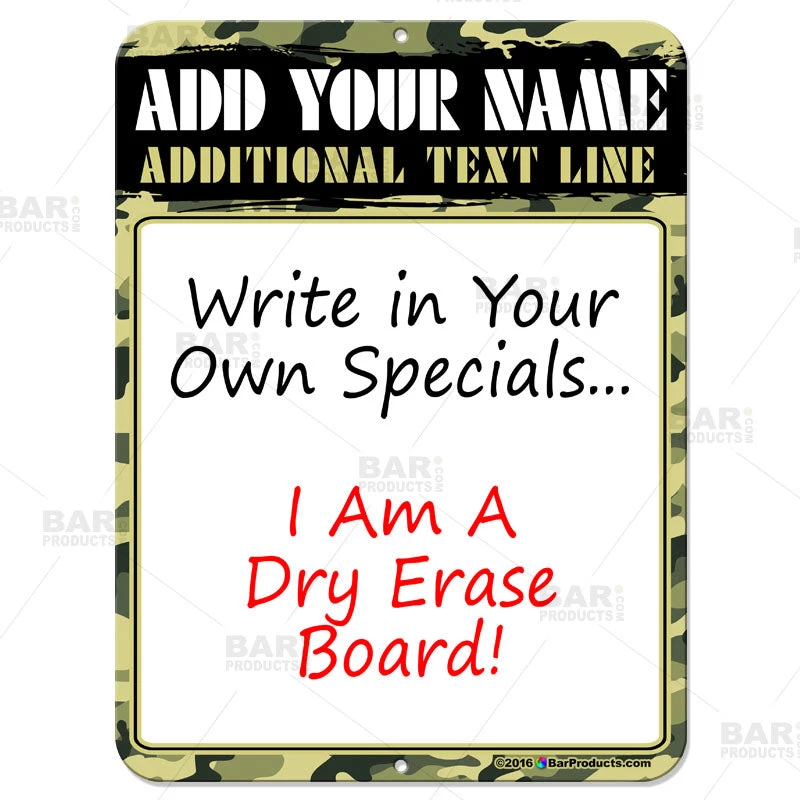 specials-sign-dry-erase-9x12-camo-bp-800.jpg BarProducts.com Dry Erase Specials Sign - ADD YOUR NAME - Camouflage Pattern Template BAR DECOR