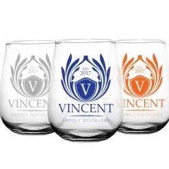 BarProducts.com BAR SUPPLIES CUSTOMIZABLE - Stemless Wine Glass - 17 Ounce - Crest Design 1