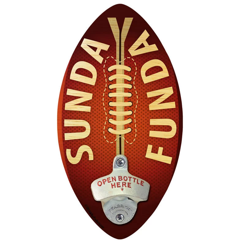 sunday-funday-football-wood-shape-800.jpg BarProducts Handcrafted Sunday Funday Football Shaped Wall Mounted Beer Bottle Opener Woodshop Made In The USA
