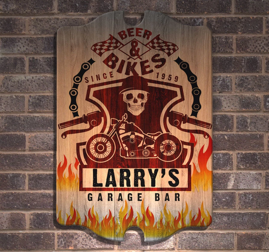 tavern-sign-add-you-name-garage-bar-web1.jpg BarProducts Handcrafted Custom Tavern Shaped Wood Bar Sign - Biker Woodshop Made In The USA