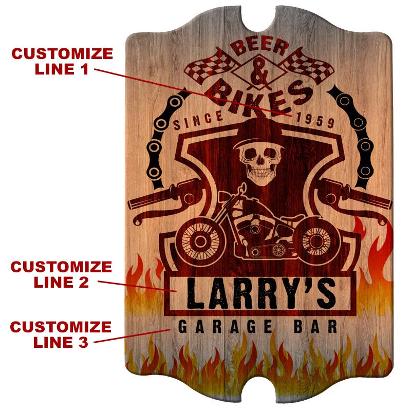 tavern-sign-add-you-name-garage-bar-web2.jpg BarProducts Handcrafted Custom Tavern Shaped Wood Bar Sign - Biker Woodshop Made In The USA