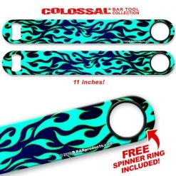 BarProducts.com Kolorcoat™ 11" Long COLOSSAL™ Speed Bottle Opener – Flames – Teal Bartending Bottle Openers
