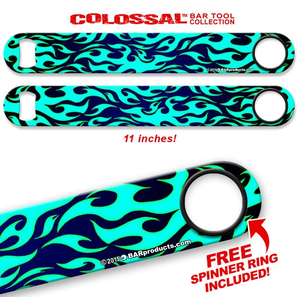 teal-flames-long-speed_web.jpg BarProducts.com Kolorcoat™ 11" Long COLOSSAL™ Speed Bottle Opener – Flames – Teal Bartending Bottle Openers