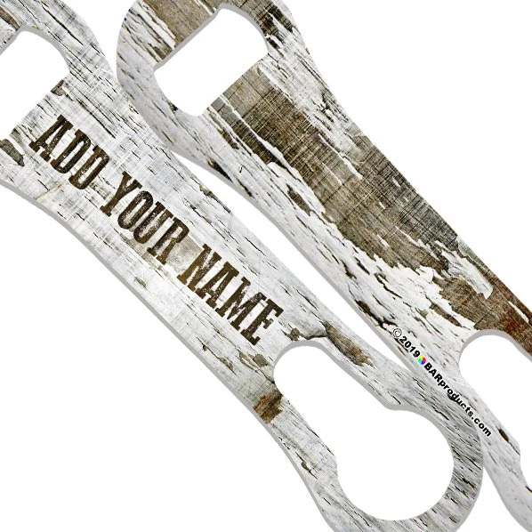v-rod-bottle-opener-add-your-name-customize-grunge-wood-white-custom.jpg BarProducts.com Bartending Bottle Openers V-Rod® Bottle Opener - Customizable - Grunge Wood - Color Variations