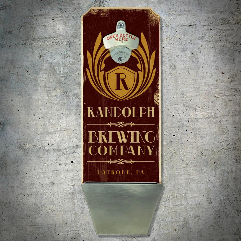 wall-mount-cap-catcher-brewing-co-red-1.jpg Bar Products Bartending Bottle Openers CUSTOMIZABLE Wall Mounted Wood Plaque Bottle Opener & Cap Catcher - Brewing Company