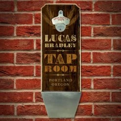 BarProducts.com Bartending Bottle Openers CUSTOMIZABLE Wall Mounted Wood Plaque Bottle Opener & Cap Catcher - Tap Room