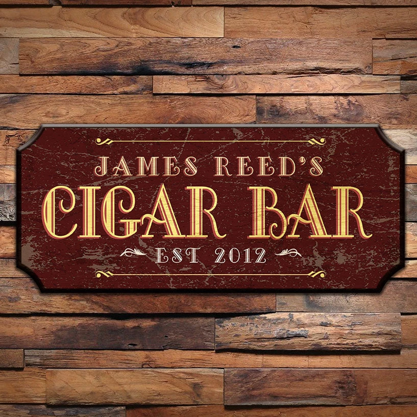 wood-bar-sign-plaque-cigar-bar-burgundy-wall.jpg BarProducts.com BAR DECOR CUSTOMIZABLE Wood Plaque Sign - CIGAR BAR - Color Options