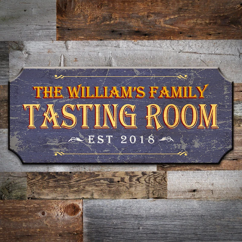 wood-bar-sign-plaque-tasting-room-blue-wall.jpg BarProducts.com CUSTOMIZABLE Wood Plaque Sign - TASTING ROOM - Color Options BAR DECOR