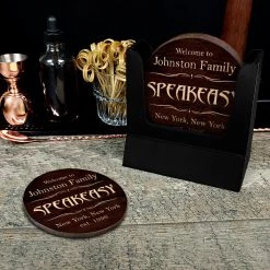 BarProducts.com Wooden Round Coasters - Customizable - Speakeasy Theme - Set Of 4