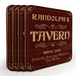 BarProducts.com Wooden Square Coasters - Customizable - Tavern Theme - Set Of 4