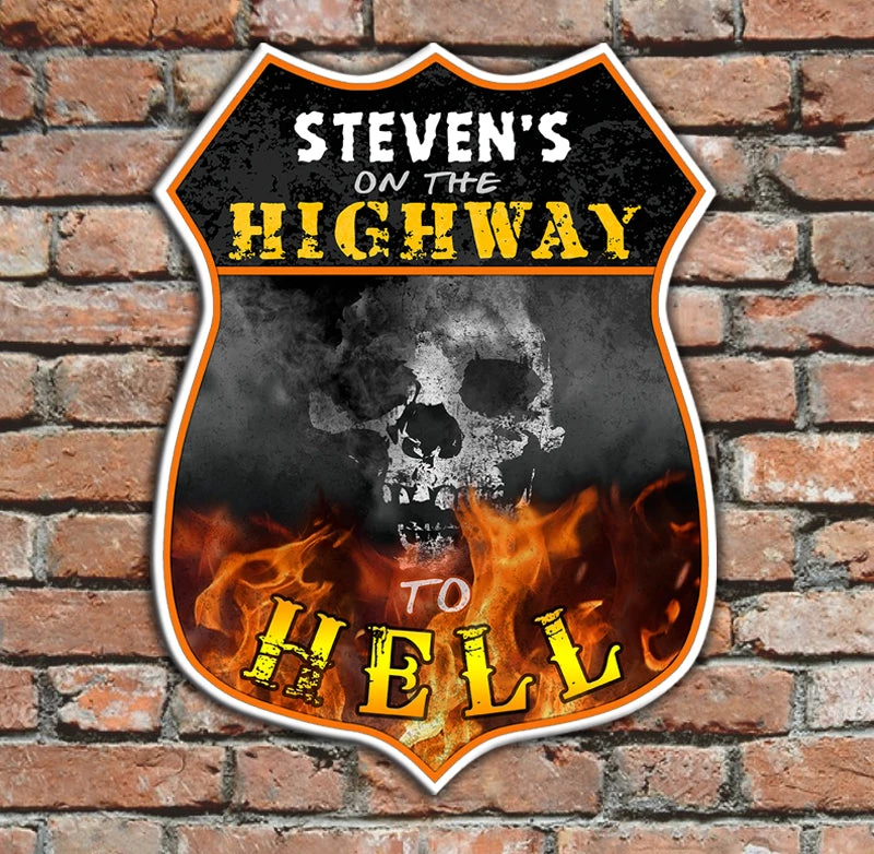 wood-shield-hwyhell-ayn_9x12_signs_web_wall_display.jpg BarProducts.com BAR DECOR CUSTOMIZABLE Wood Shield Plaque- Highway To Hell (customization Optional)