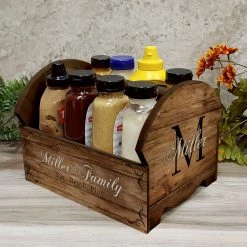 BarProducts Handcrafted Wooden Condiment Caddy W/ Handle - Customizable Monogram Design SPECIAL COLLECTIONS