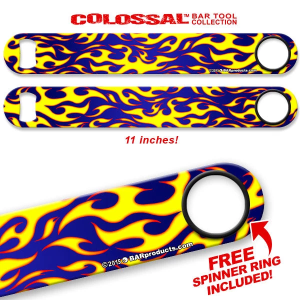yellow-black-flames-long-speed_web.jpg BarProducts.com Kolorcoat™ 11" Long COLOSSAL™ Speed Bottle Opener – Flames – Yellow / Blue